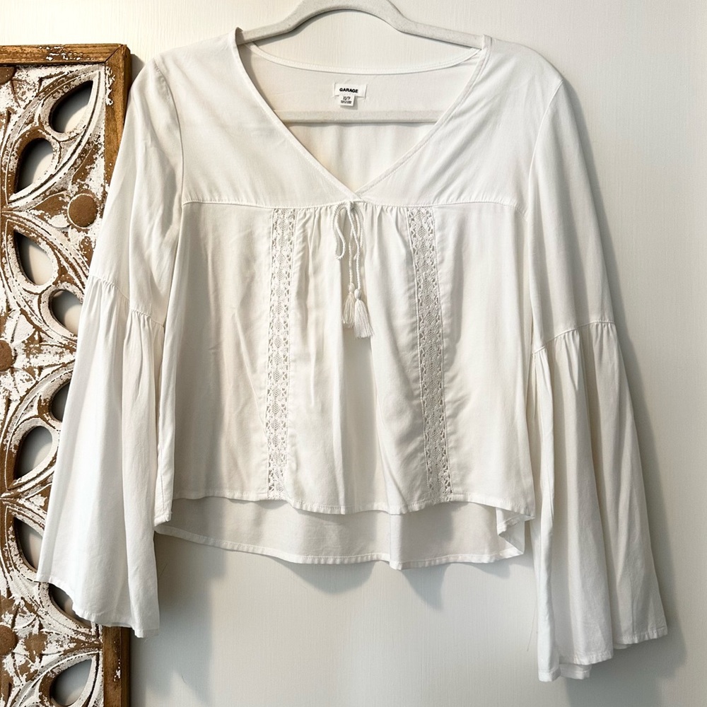 Garage White Boho Peasant Blouse | Lace Detail Bell Sleeves - Picture 8 of 11